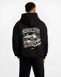Black hoodie worn by a male model, back view, featuring drift street racing performance motorsport automotive enthusiast graphic.