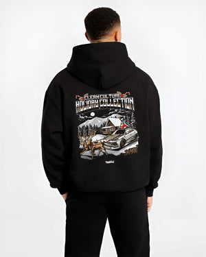 Black hoodie worn by a male model, back view, featuring drift street racing performance motorsport automotive enthusiast graphic.