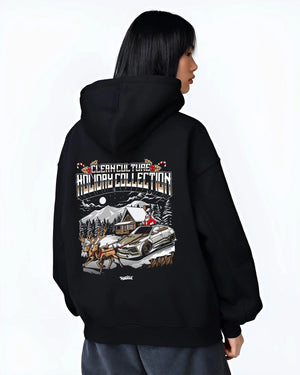 Black hoodie worn by a female model, back view, featuring drift street racing performance motorsport automotive enthusiast graphic.