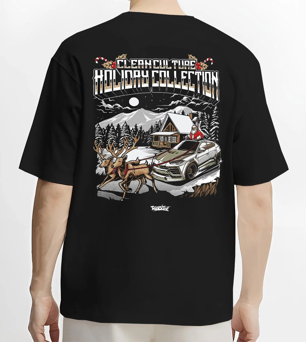 Black T-shirt worn by a male model, back view, featuring drift street racing performance motorsport automotive enthusiast graphic.