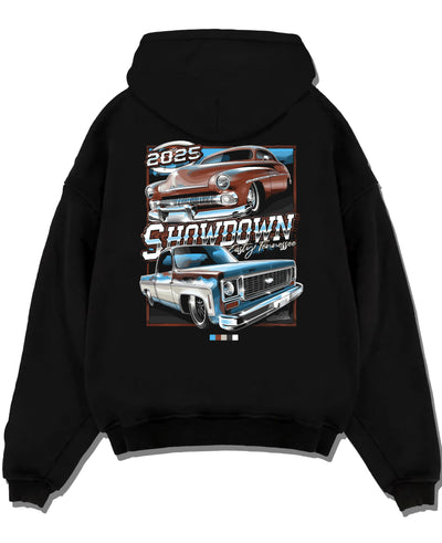 Black pullover hoodie laid flat on a white background, featuring racing american muscle retro vintage classic show street graphic.