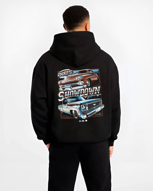 Black hoodie worn by a male model, back view, featuring racing american muscle retro vintage classic show street graphic.