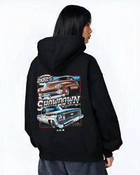 Black hoodie worn by a female model, back view, featuring racing american muscle retro vintage classic show street graphic.