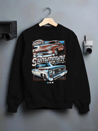 Black crewneck sweatshirt on a hanger against a grey wall, featuring racing american muscle retro vintage classic show graphic.