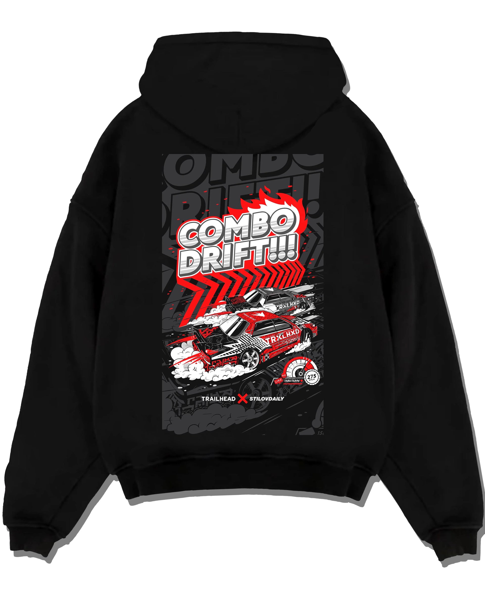 Black pullover hoodie laid flat on a white background, featuring racing drift jdm street performance motorsport automotive graphic.