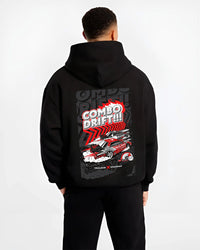 Black hoodie worn by a male model, back view, featuring racing drift jdm street performance motorsport automotive graphic.