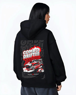 Black hoodie worn by a female model, back view, featuring racing drift jdm street performance motorsport automotive graphic.