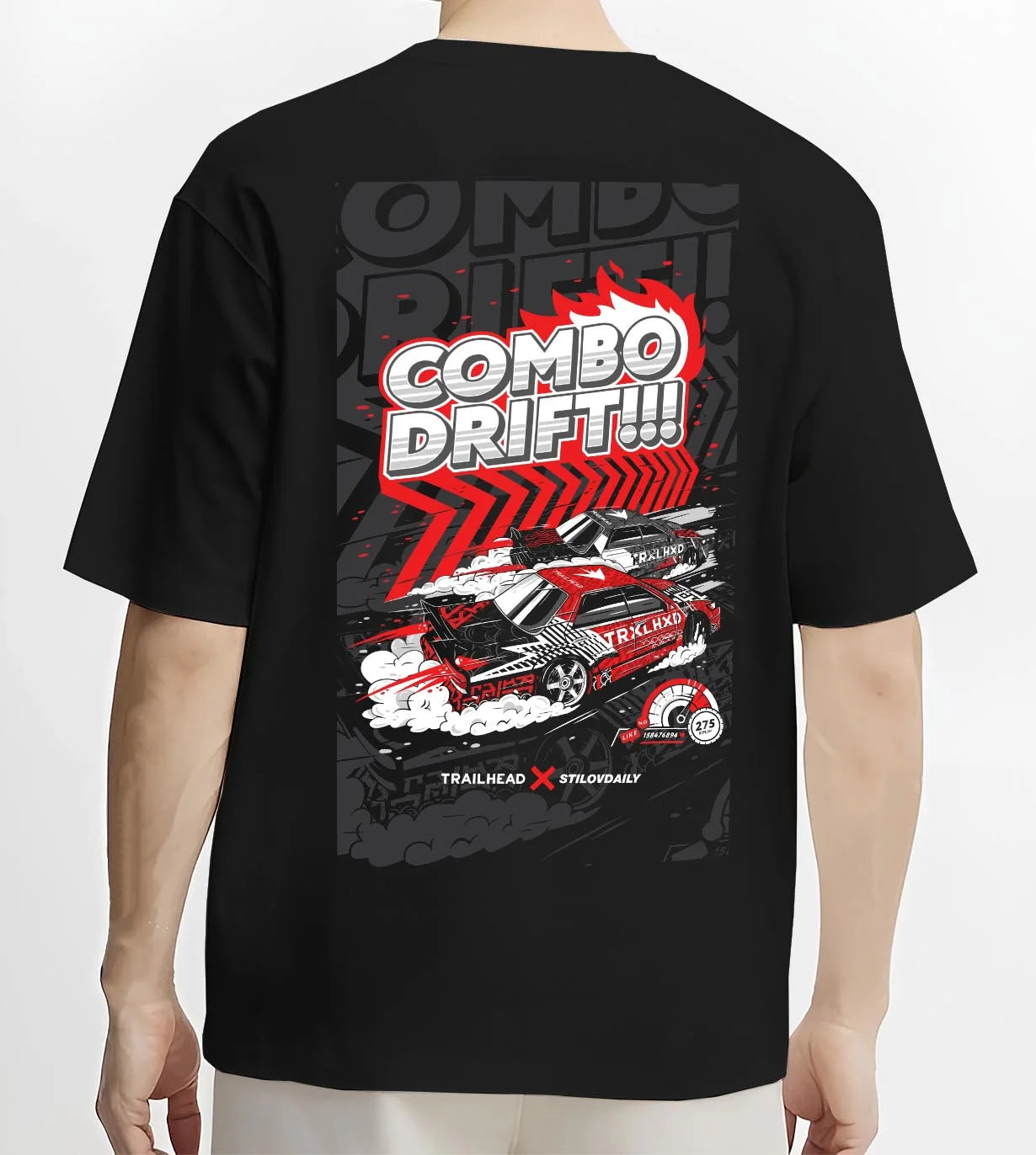 Black T-shirt worn by a male model, back view, featuring racing drift jdm street performance motorsport automotive graphic.
