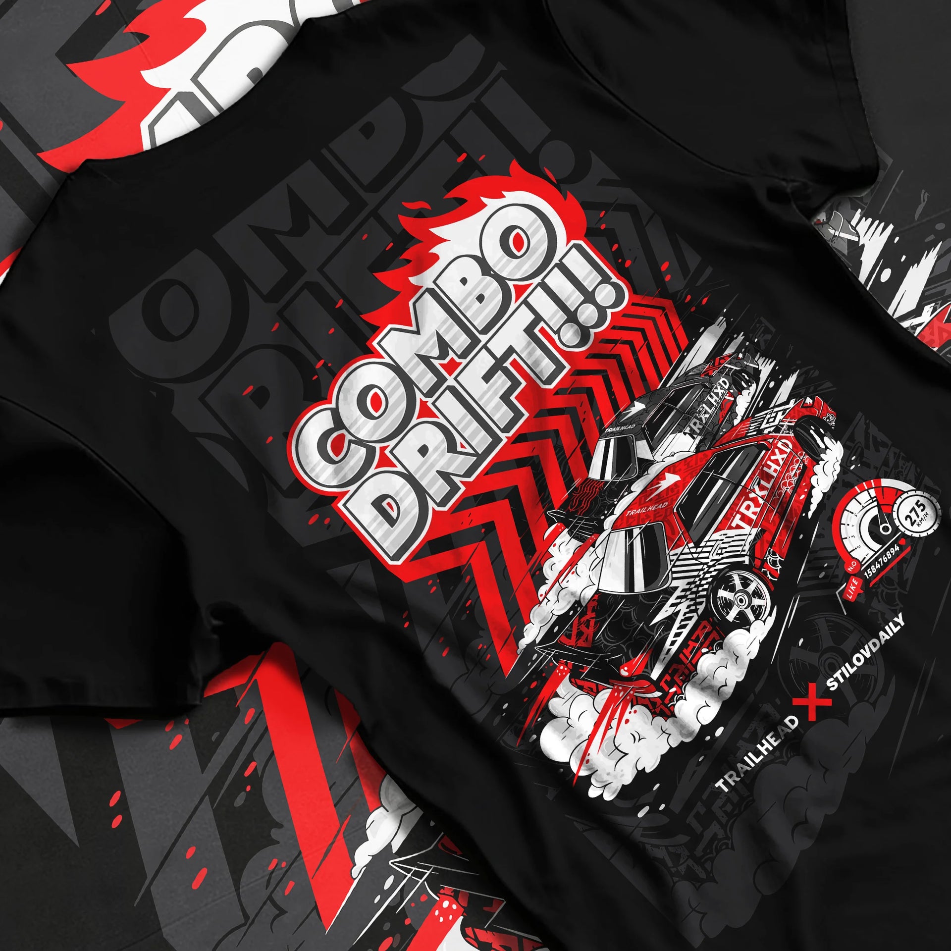 Black T-shirt laid flat with natural fabric folds, featuring racing drift jdm street performance motorsport automotive graphic.