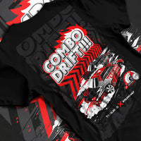 Black T-shirt laid flat with natural fabric folds, featuring racing drift jdm street performance motorsport automotive graphic.