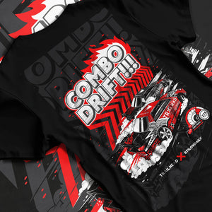 Black T-shirt laid flat with natural fabric folds, featuring racing drift jdm street performance motorsport automotive graphic.
