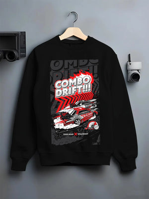 Black crewneck sweatshirt on a hanger against a grey wall, featuring racing drift jdm street performance motorsport graphic.