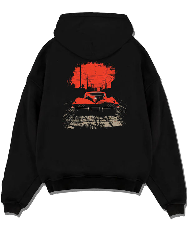 Black pullover hoodie laid flat on a white background, featuring Chevrolet Corvette muscle retro classic enthusiast racing graphic.