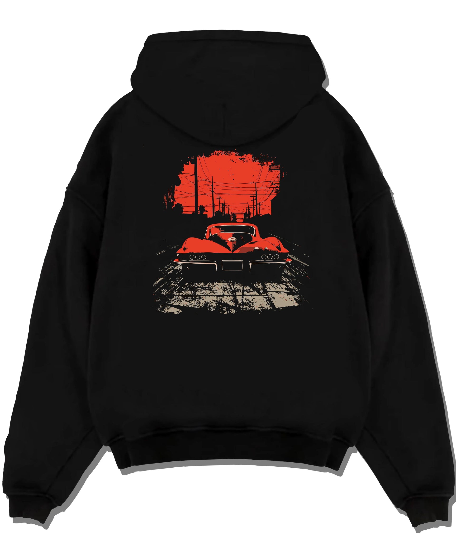 Black pullover hoodie laid flat on a white background, featuring Chevrolet Corvette muscle retro classic enthusiast racing graphic.