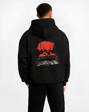 Black hoodie worn by a male model, back view, featuring Chevrolet Corvette muscle retro classic enthusiast racing street graphic.