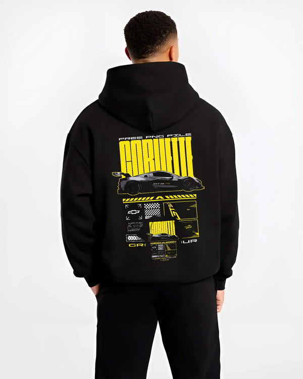 Black hoodie worn by a male model, back view, featuring Chevrolet Corvette gt3 rs racing motorsport street performance graphic.