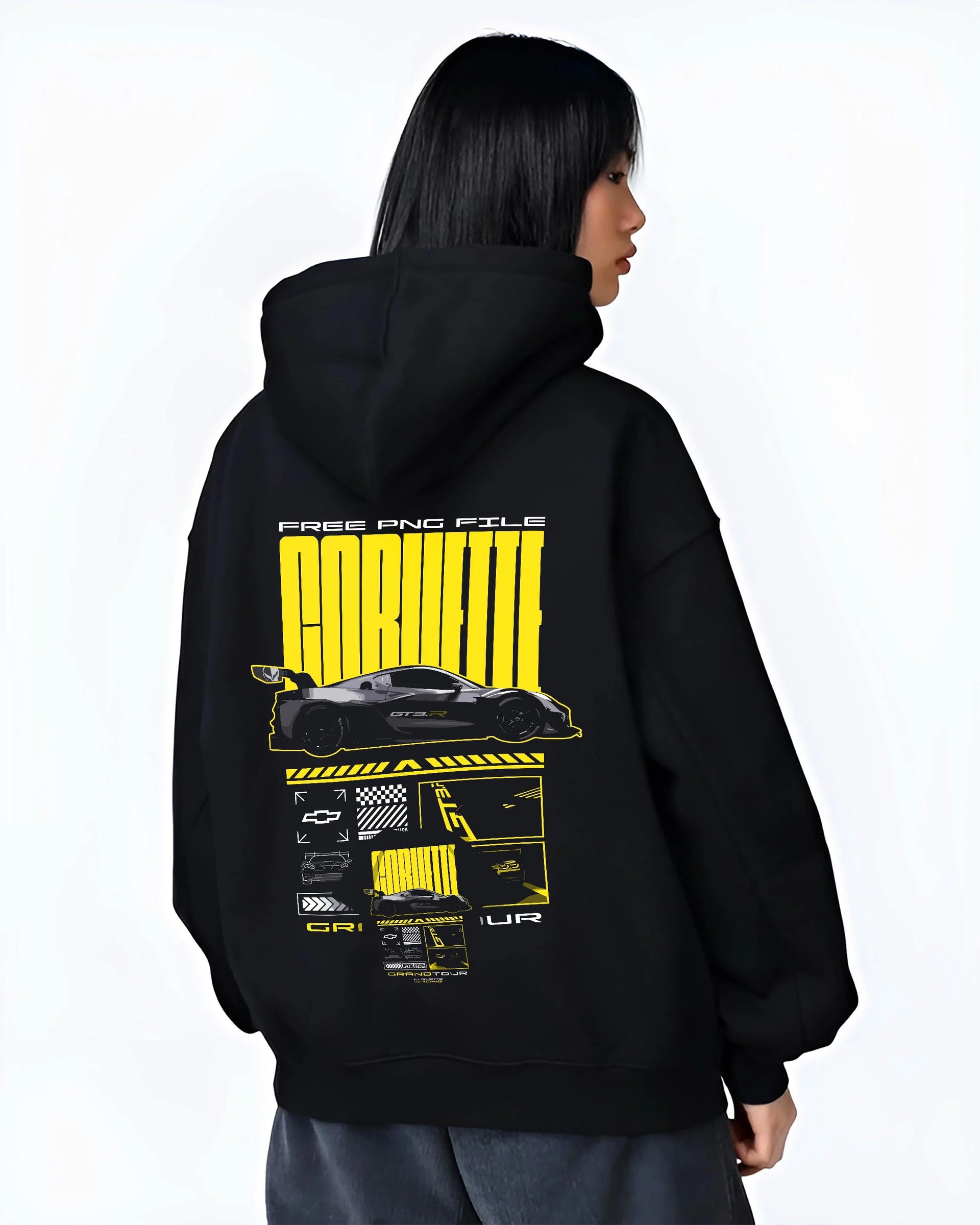 Black hoodie worn by a female model, back view, featuring Chevrolet Corvette gt3 rs racing motorsport street performance graphic.