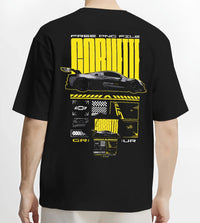 Black T-shirt worn by a male model, back view, featuring Chevrolet Corvette gt3 rs racing motorsport street performance graphic.