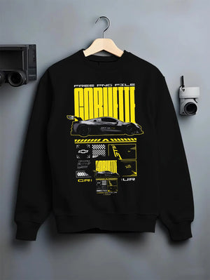 Black crewneck sweatshirt on a hanger against a grey wall, featuring Chevrolet Corvette gt3 rs racing motorsport street graphic.