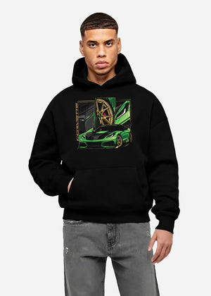 Black hoodie worn by a male model, front view, featuring Chevrolet Corvette zr1 r1 american street racing performance graphic.