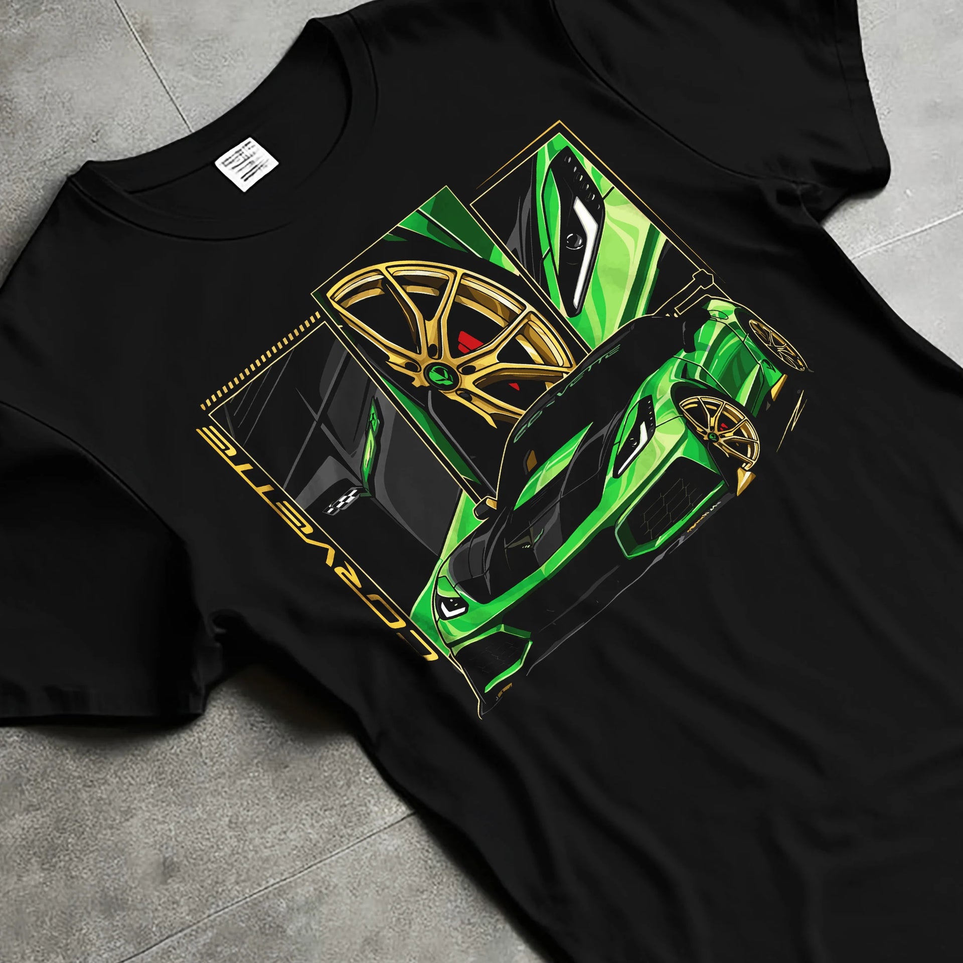 Black T-shirt laid flat with natural fabric folds, featuring Chevrolet Corvette zr1 r1 american street racing performance graphic.
