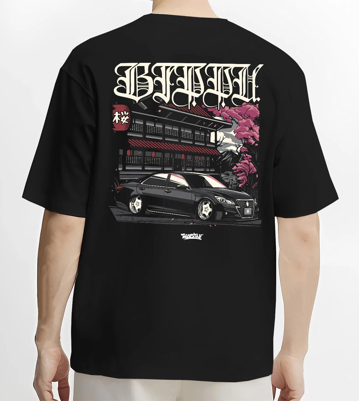 Black T-shirt worn by a male model, back view, featuring Toyota rs race drift jdm japanese street racing graphic.