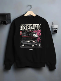 Black crewneck sweatshirt on a hanger against a grey wall, featuring Toyota rs race drift jdm japanese street racing graphic.