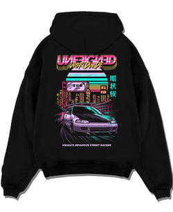 Black pullover hoodie laid flat on a white background, featuring Honda Crx rs race motorsport jdm street retro vintage graphic.