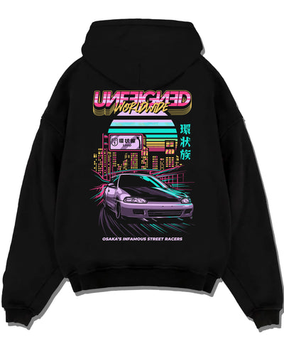 Black pullover hoodie laid flat on a white background, featuring Honda Crx rs race motorsport jdm street retro vintage graphic.