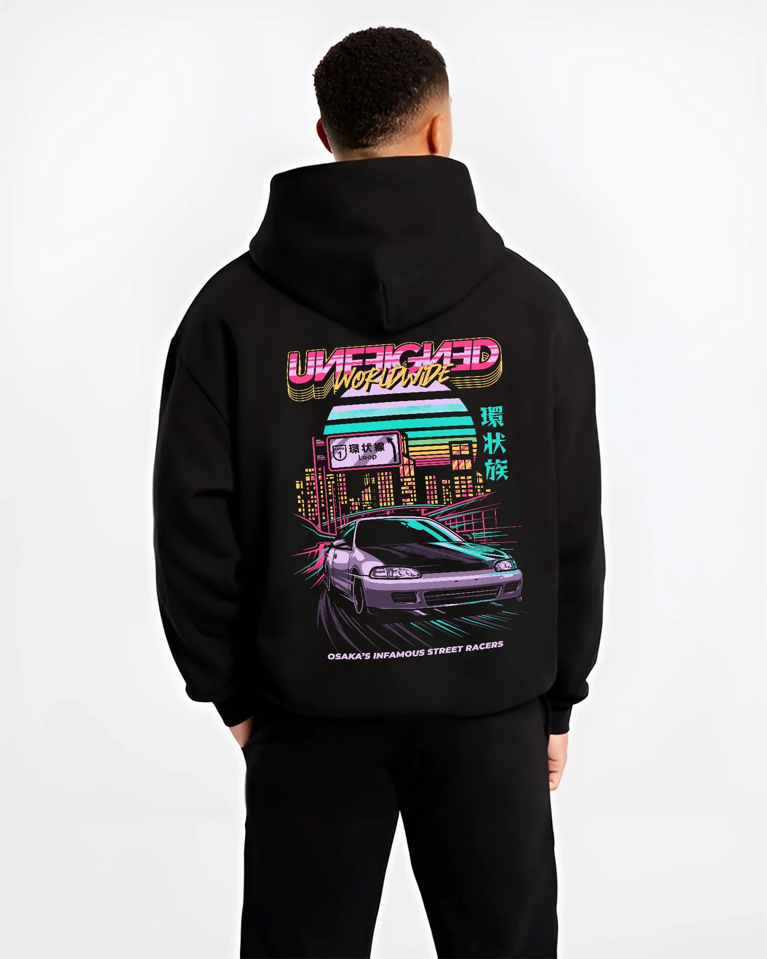 Black hoodie worn by a male model, back view, featuring Honda Crx rs race motorsport jdm street retro vintage classic graphic.