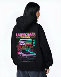 Black hoodie worn by a female model, back view, featuring Honda Crx rs race motorsport jdm street retro vintage classic graphic.