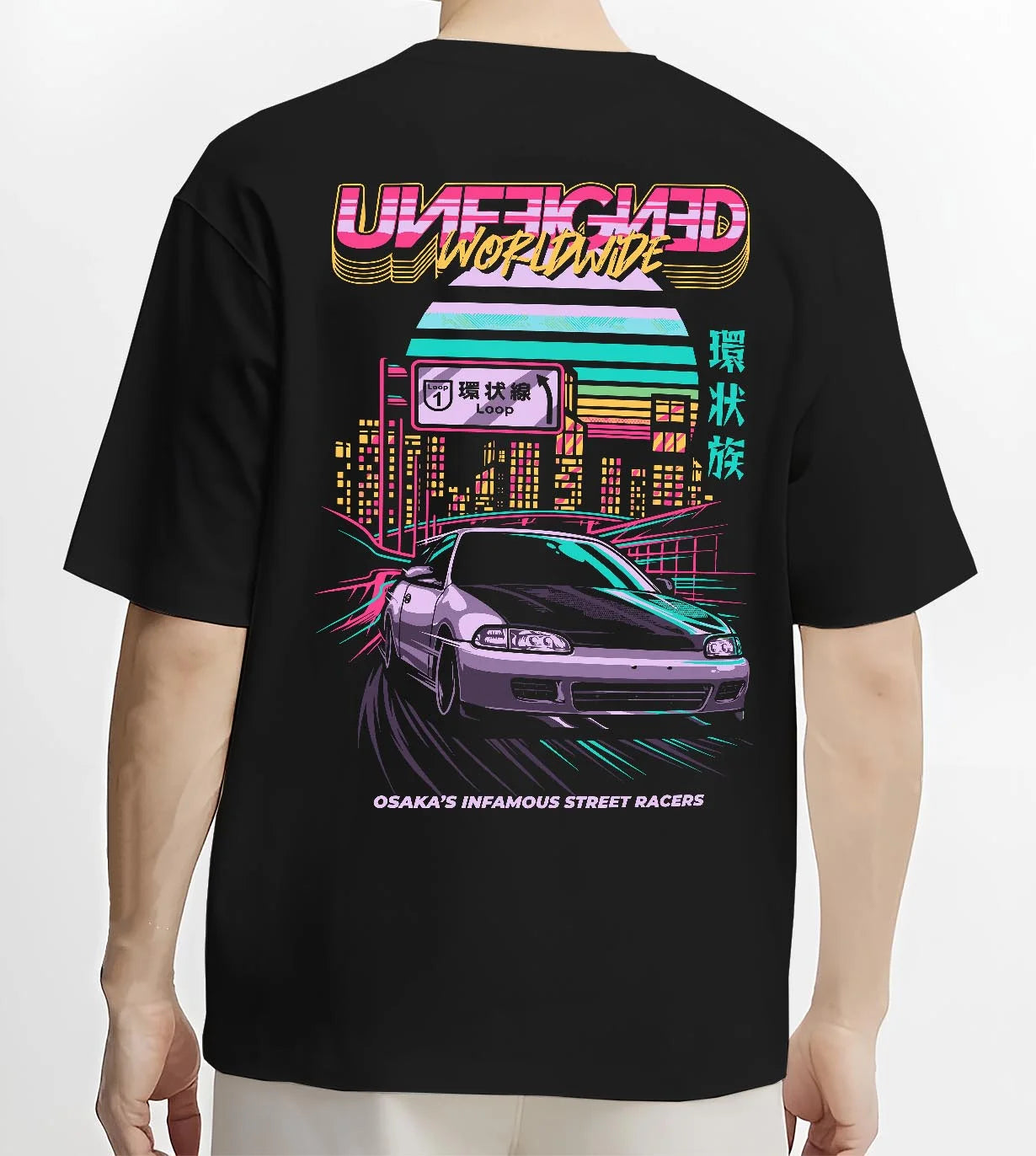 Black T-shirt worn by a male model, back view, featuring Honda Crx rs race motorsport jdm street retro vintage classic graphic.