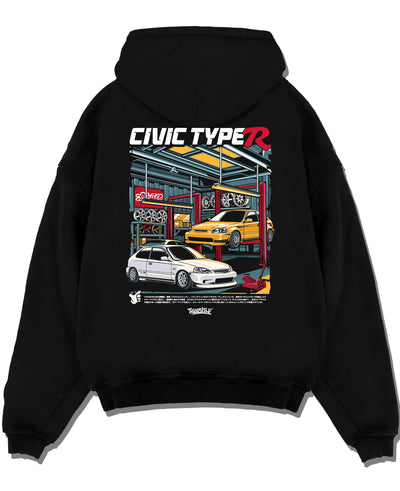 Black pullover hoodie laid flat on a white background, featuring HONDA CIVIC type r racing jdm japanese enthusiast street graphic.
