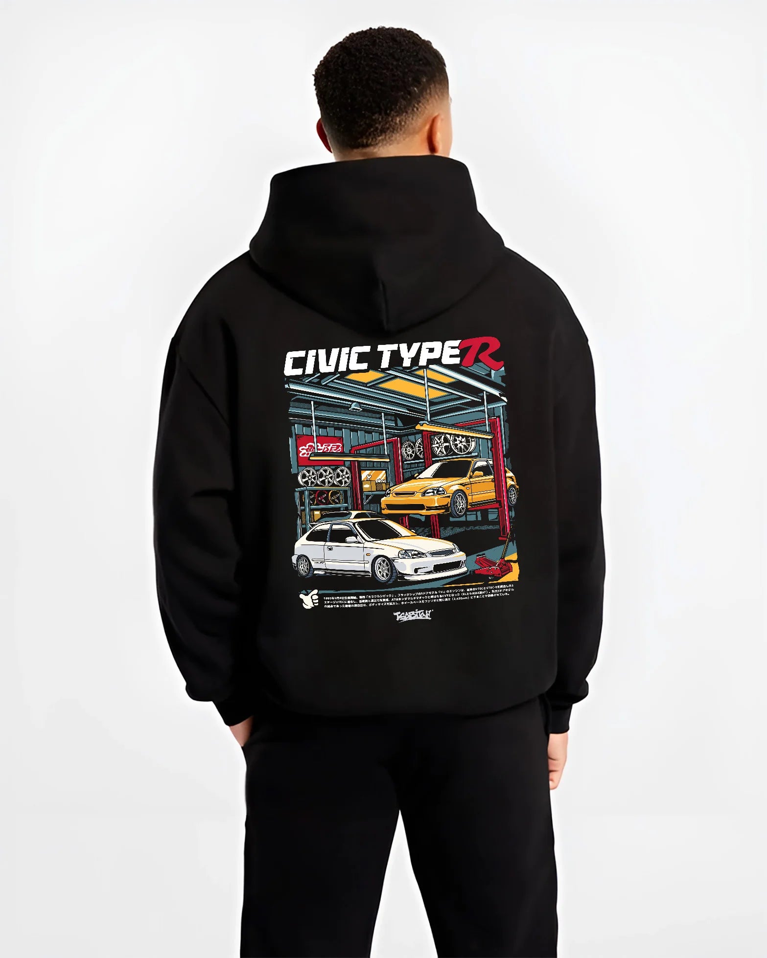 Black hoodie worn by a male model, back view, featuring HONDA CIVIC type r racing jdm japanese enthusiast street graphic.