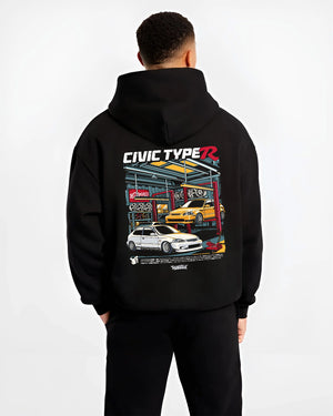 Black hoodie worn by a male model, back view, featuring HONDA CIVIC type r racing jdm japanese enthusiast street graphic.