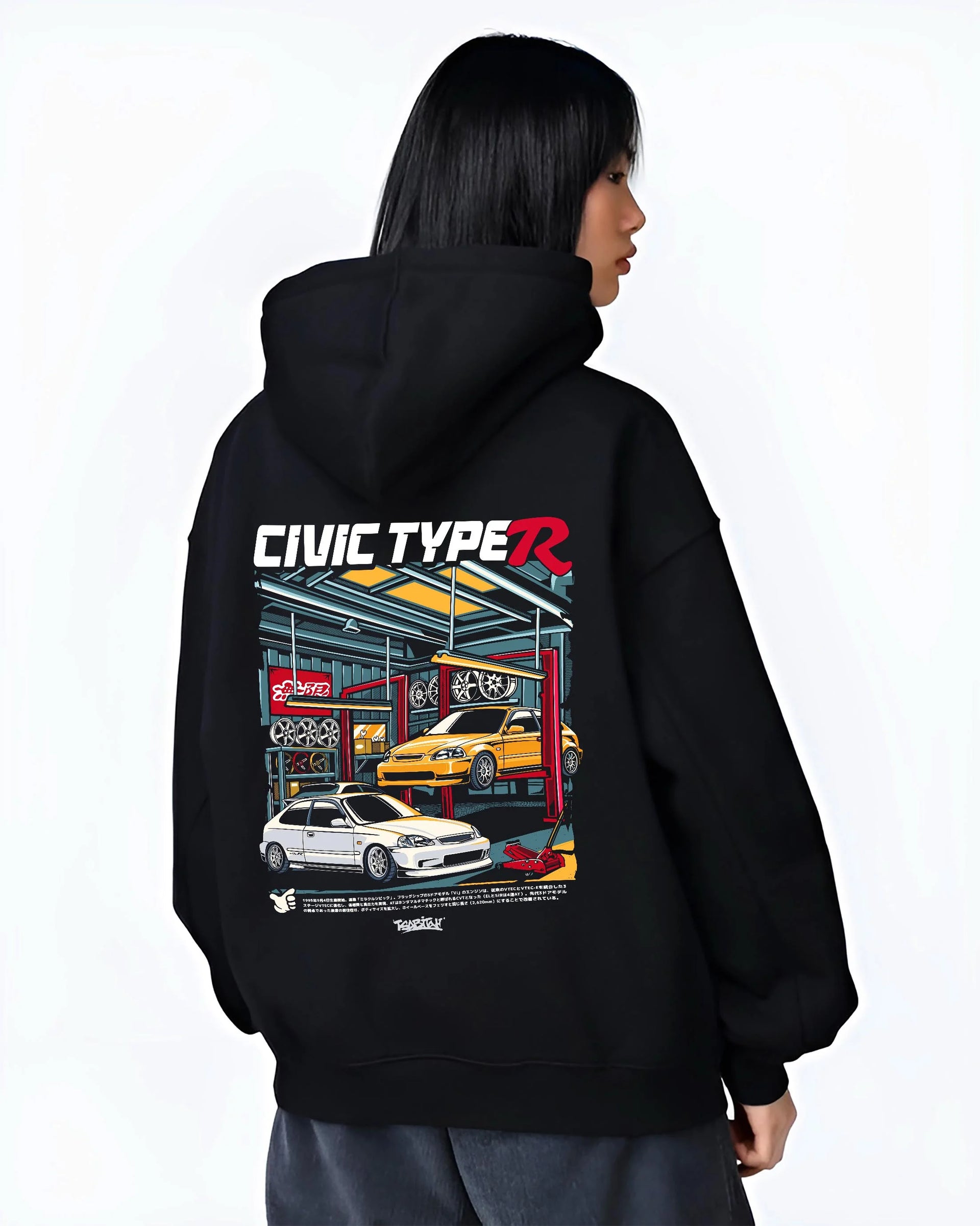 Black hoodie worn by a female model, back view, featuring HONDA CIVIC type r racing jdm japanese enthusiast street graphic.