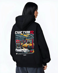 Black hoodie worn by a female model, back view, featuring HONDA CIVIC type r racing jdm japanese enthusiast street graphic.