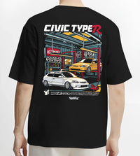 Black T-shirt worn by a male model, back view, featuring HONDA CIVIC type r racing jdm japanese enthusiast street graphic.