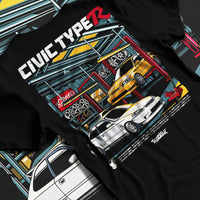 Black T-shirt laid flat with natural fabric folds, featuring HONDA CIVIC type r racing jdm japanese enthusiast street graphic.