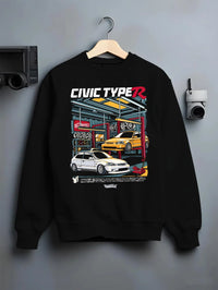 Black crewneck sweatshirt on a hanger against a grey wall, featuring HONDA CIVIC type r racing jdm japanese enthusiast graphic.