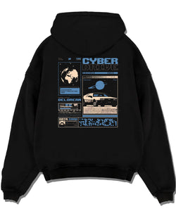 Black pullover hoodie laid flat on a white background, featuring DeLorean DMC-12 sti retro classic racing street graphic.