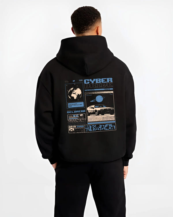 Black hoodie worn by a male model, back view, featuring DeLorean DMC-12 sti retro classic racing street performance graphic.