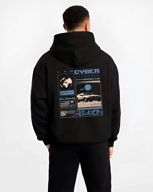 Black hoodie worn by a male model, back view, featuring DeLorean DMC-12 sti retro classic racing street performance graphic.