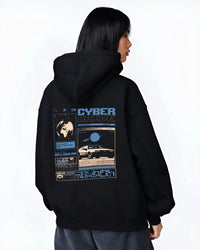 Black hoodie worn by a female model, back view, featuring DeLorean DMC-12 sti retro classic racing street performance graphic.