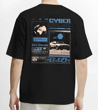 Black T-shirt worn by a male model, back view, featuring DeLorean DMC-12 sti retro classic racing street performance graphic.