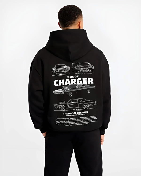 Black hoodie worn by a male model, back view, featuring Dodge Charger rs muscle street retro classic enthusiast graphic.