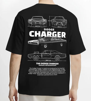 Black T-shirt worn by a male model, back view, featuring Dodge Charger rs muscle street retro classic enthusiast graphic.