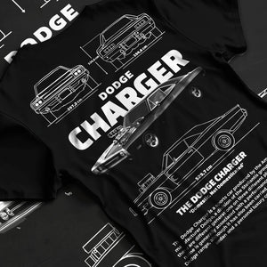Black T-shirt laid flat with natural fabric folds, featuring Dodge Charger rs muscle street retro classic enthusiast graphic.