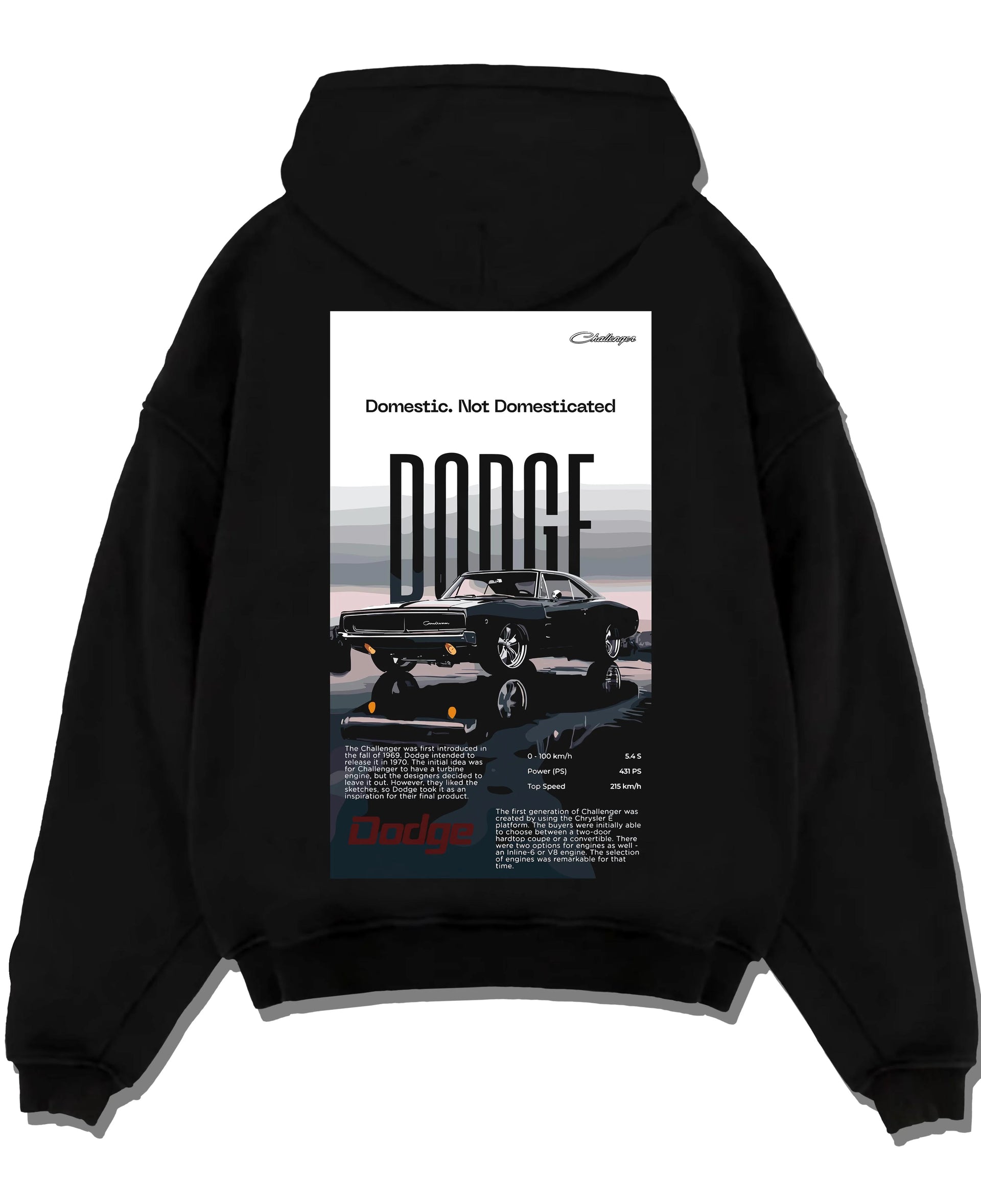 Black pullover hoodie laid flat on a white background, featuring Dodge Challenger american muscle street retro classic graphic.