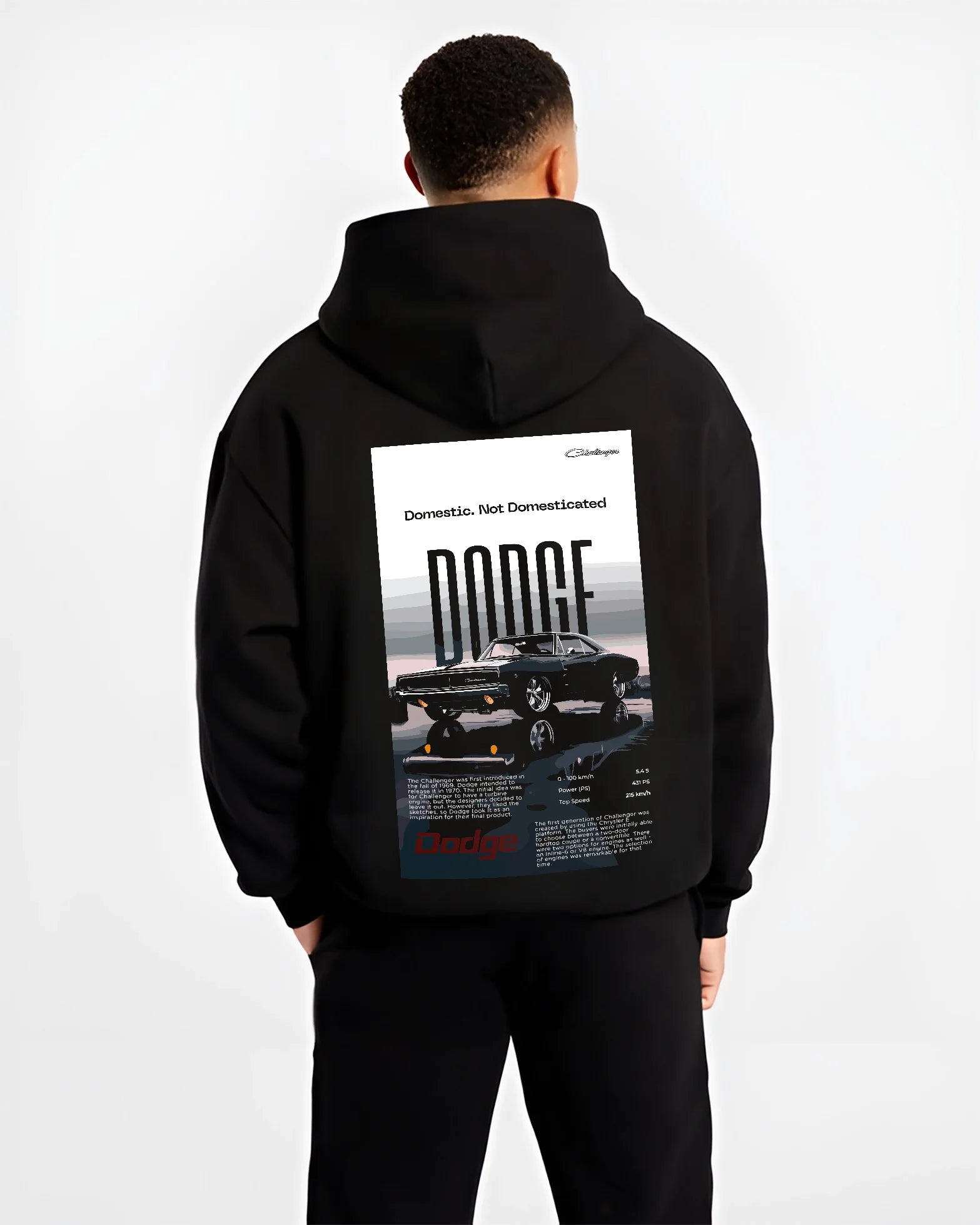 Black hoodie worn by a male model, back view, featuring Dodge Challenger american muscle street retro classic legend graphic.